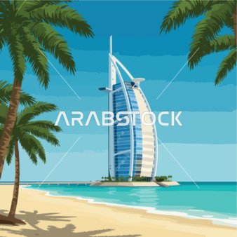 The urban and modern development in the United Arab Emirates, an illustration of the Burj Al Arab hotel in Dubai, palm trees and the beach, depicts knowledge and learning, vector illustrator.