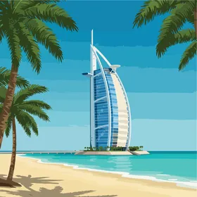 The urban and modern development in the United Arab Emirates, an illustration of the Burj Al Arab hotel in Dubai, palm trees and the beach, depicts knowledge and learning, vector illustrator.