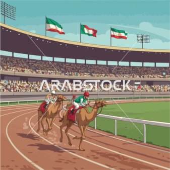 Annual events and festivals, breeding of Arabian camels, an illustration of a camel race in a sports arena, public attendance and raised flags, vector illustrator.