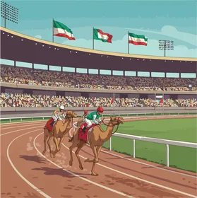 فعاليات ومهرجانات سنوية، تربية الجمال العربية  ، رسم توضيحي لسباق الهجن في مضمار رياضي، حضور جماهيري وأعلام مرفوعة، فيكتور اليستريتور.