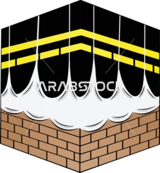 Bricks, yellow ribbons, and white curtains, vector design of the Kaaba in Mecca, Saudi Arabia, the holy mosque in the Grand Mosque, towers and landmarks of Mecca, vector illustrator.