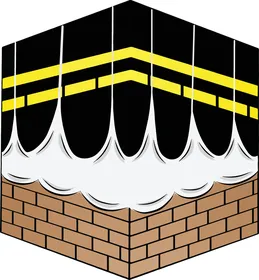 Bricks, yellow ribbons, and white curtains, vector design of the Kaaba in Mecca, Saudi Arabia, the holy mosque in the Grand Mosque, towers and landmarks of Mecca, vector illustrator.