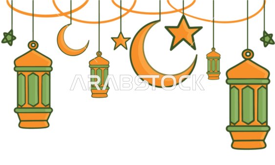 Distinctive decorations and accessories to celebrate the arrival of the month of goodness, with decorations and stars hanging in gold and green, the spiritual Ramadan atmosphere, Ramadan decorations, white background, vector illustrator.