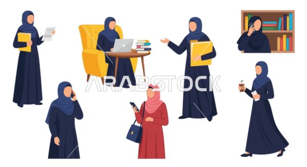 حقوق المرأة والمساوة في المجتمع، فيكتور لتنوع المرأة العربية العصرية في مختلف السيناريوهات المهنية واليومية، مهن ووظائف نسائية، خلفية بيضاء ، فيكتور اليستريتور.