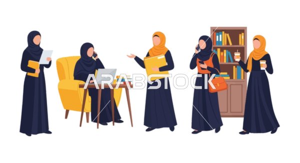 Women's rights and equality in society, a vector for the diversity of modern Arab women in various professional and daily scenarios, women's professions and jobs, white background, vector illustrator.