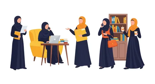 حقوق المرأة والمساوة في المجتمع، فيكتور لتنوع المرأة العربية العصرية في مختلف السيناريوهات المهنية واليومية، مهن ووظائف نسائية، خلفية بيضاء ، فيكتور اليستريتور.