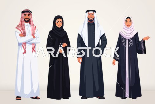 اللباس التقليدي للرجال والنساء، فيكتورلتنوع الأزياء العربية التقليدية التي تعرض الأناقة والتراث الثقافي، الزي التقليدي حسب كل بلد، خلفية رمادي، فيكتور اليستريتور.