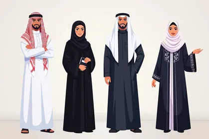 اللباس التقليدي للرجال والنساء، فيكتورلتنوع الأزياء العربية التقليدية التي تعرض الأناقة والتراث الثقافي، الزي التقليدي حسب كل بلد، خلفية رمادي، فيكتور اليستريتور.