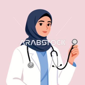 مفهوم الرعاية الصحية، العمل في القطاع الطبي السعودي، رسم كرتوني لطبيبة عربية خليجية سعودية مبتسمة ترتدي الحجاب والمعطف الطبي تضع سماعة الطبيب على رقبتها، خلفية وردية، فيكتور اليستريتور