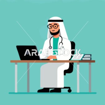 Working in the healthcare sector, a cartoon vector of an Arab Gulf Saudi doctor wearing traditional attire and a lab coat working on a laptop at his desk, providing healthcare services with modern technology, blue background vector illustrator.