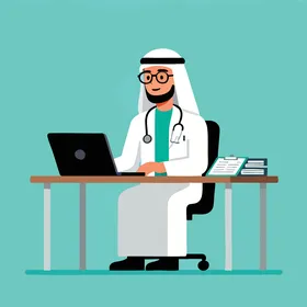Working in the healthcare sector, a cartoon vector of an Arab Gulf Saudi doctor wearing traditional attire and a lab coat working on a laptop at his desk, providing healthcare services with modern technology, blue background vector illustrator.