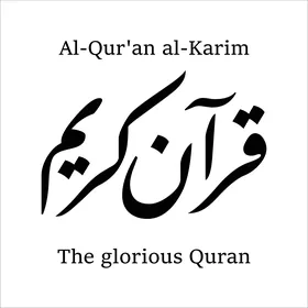 The Holy Quran, manuscripts in Arabic and English in black, religious design template, Islamic decorations, calligraphy, and engravings, religious texts and phrases, vector illustrator, white background.