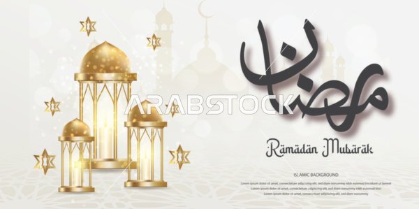 Greeting card for the arrival of the blessed month of Ramadan, Islamic religious occasions, Arabic calligraphy art, Islamic Arabic manuscript, vector illustrator Ramadan Kareem manuscript, Ramadan design template, decorative Islamic drawings.