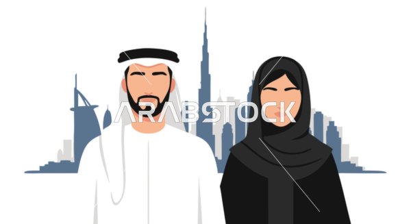احتفاء بالثقافة الإماراتية، التراث الغني والروح المعاصرة لدولة الإمارات العربية المتحدة،رسم لرجل و زوجته عربيين خليجيين إماراتيين يقفون امام أبراج وناطحات سحاب، التقاليد والحداثة في أفق دبي، فيكتور اليستريتور