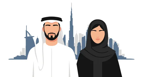 احتفاء بالثقافة الإماراتية، التراث الغني والروح المعاصرة لدولة الإمارات العربية المتحدة،رسم لرجل و زوجته عربيين خليجيين إماراتيين يقفون امام أبراج وناطحات سحاب، التقاليد والحداثة في أفق دبي، فيكتور اليستريتور