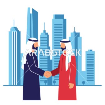 Successful business agreements, agreement on new projects, illustrative drawings of two Arab Gulf Emirati businessmen shaking hands, full-body image, background of towers and skyscrapers, vector illustrator.