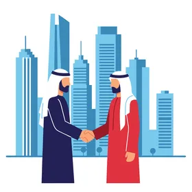 اتفاقيات عمل ناجحة, الاتفاق على المشاريع الجديدة, رسوم توضيحية لشخصية رجلين أعمال عربيين خليجيين اماراتيين يقومان بالمصافحة, صورة الجسم بالطول الكامل, خلفية أبراج وناطحات سحاب, فيكتور اليستريتور