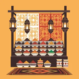 ثراء ثقافة الشرق الأوسط وتقاليد الطهي، فيكتور لكشك توابل نابض بالحياة تحت الضوء  للفوانيس يقدم العديد من الألوان والروائح في بيئة تقليدية، زينة ومناسبات دينية، أنماط هندسية معقدة، فيكتور اليستريتور