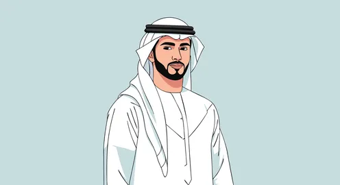 تجسيد التراث الغني والطموحات الحديثة لدولة الإمارات العربية المتحدة، فيكتور لرجل  عربي خليجي إماراتي وقور يقف بايماءات الشموخ والاعتزاز، خلفية زرقا، فيكتور اليستريتور