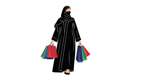 الاثر الايجابي والمتعة بالتسوق، فيكتور لامرأة مسلمة عربية خليجية سعودية تستمتع بالتسوق، تحمل حقائب ملونة مليئة بأحدث مشترياتها، عرض أزياء إسلامية عصرية، خلفية بيضاء، فيكتور اليستريتور