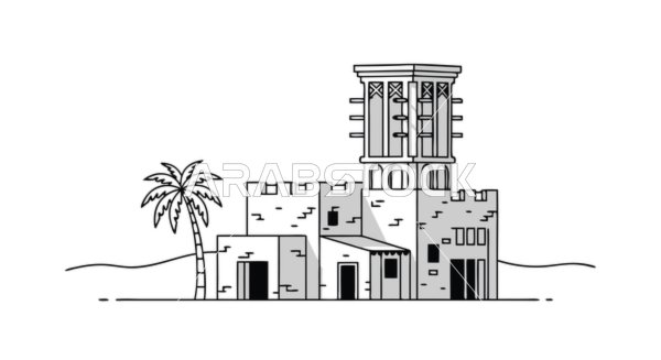التراث والثراء الثقافي لدولة الإمارات العربية المتحدة، رسم توضيحي ساحر للهندسة المعمارية الإماراتية التقليدية يضم أبراج الرياح وأشجار النخيل باللون الأبيض والأسود، برج الرياح الكلاسيكي للتبريد، فيكتور اليستريتور.