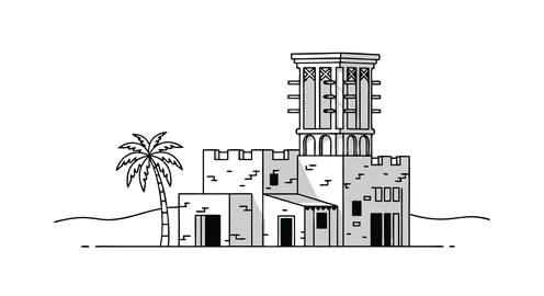 التراث والثراء الثقافي لدولة الإمارات العربية المتحدة، رسم توضيحي ساحر للهندسة المعمارية الإماراتية التقليدية يضم أبراج الرياح وأشجار النخيل باللون الأبيض والأسود، برج الرياح الكلاسيكي للتبريد، فيكتور اليستريتور.