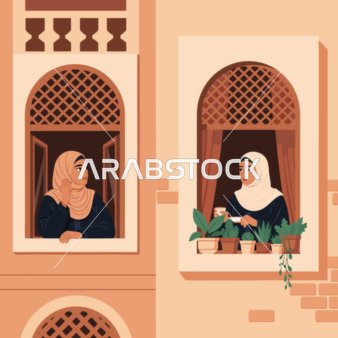 تناقل الأسرار في بيئة تقليدية، فيكتور لامرأتان عربيتان خليجيتان اماراتيتان يرتدون الحجاب والعباءة تتبادلان أطراف الحديث في فترة ما بعد الظهيرة الهادئة، محاطتان بالنباتات والضوء الدافئ، فيكتور اليستريتور