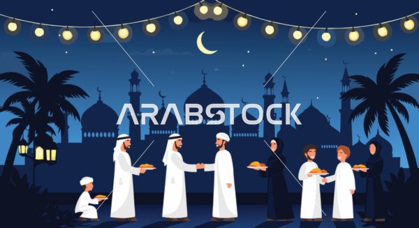 Celebrating the holiday under a starry sky, a vector for sharing and solidarity among Saudi Gulf Arab families in a festive atmosphere during Eid al-Adha, decorations and religious occasions, sharing hospitality and food among families, vector illustrator.