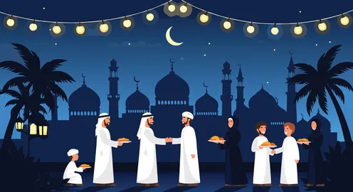Celebrating the holiday under a starry sky, a vector for sharing and solidarity among Saudi Gulf Arab families in a festive atmosphere during Eid al-Adha, decorations and religious occasions, sharing hospitality and food among families, vector illustrator.