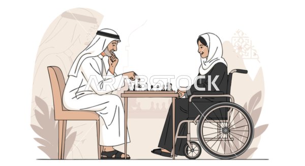تواصل الأجيال من خلال الشطرنج، فيكتور لرجل عربي مسن وامرأة شابة عربية خليجية سعودية على كرسي متحرك يتبادلان لعبة فكرية، الاندماج والمشاركة الفكرية في بيئة شرق أوسطية حديثة، فيكتور اليستريتور