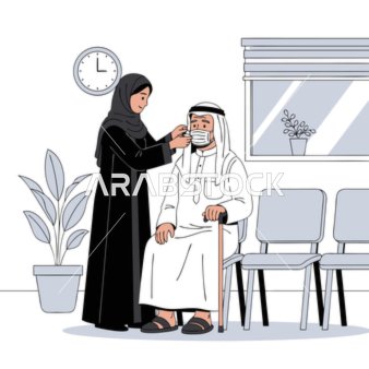 الاحترام والتعاطف مع كبار السن، فيكتور لامرأة عربية خليجية سعودية تقوم بتعديل قناع وجه رجل مسن للتأكد من سلامته وراحته في منطقة انتظار،  فيكتور اليستريتور