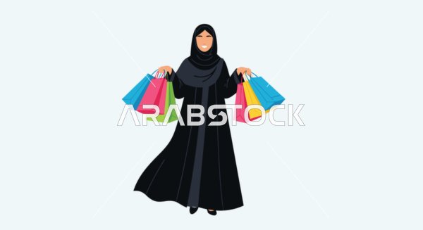 The positive impact and enjoyment of shopping, a vector of a Muslim Arab Gulf Saudi woman enjoying shopping, carrying colorful bags filled with her latest purchases, a modern Islamic fashion show, white background, vector illustrator.