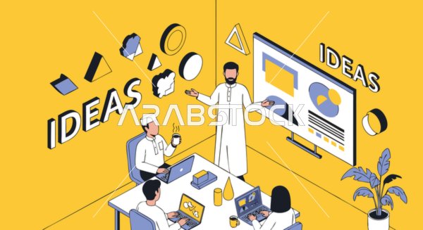 A path to success with a collaborative spirit and data-driven insights, a cartoon depicting a dynamic meeting of Emirati Gulf Arab minds discussing growth strategies and innovative solutions in a modern office environment, working as a team, vector illustrator.