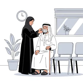 الاحترام والتعاطف مع كبار السن، فيكتور لامرأة عربية خليجية سعودية تقوم بتعديل قناع وجه رجل مسن للتأكد من سلامته وراحته في منطقة انتظار،  فيكتور اليستريتور