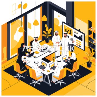Teamwork, a cartoon illustration of a meeting of Arab Gulf Emirati businessmen discussing growth strategies and innovative solutions in a modern office environment, enhancing collaboration and success, vector illustrator.