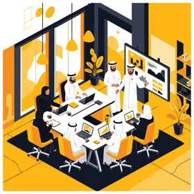 Teamwork, a cartoon illustration of a meeting of Arab Gulf Emirati businessmen discussing growth strategies and innovative solutions in a modern office environment, enhancing collaboration and success, vector illustrator.