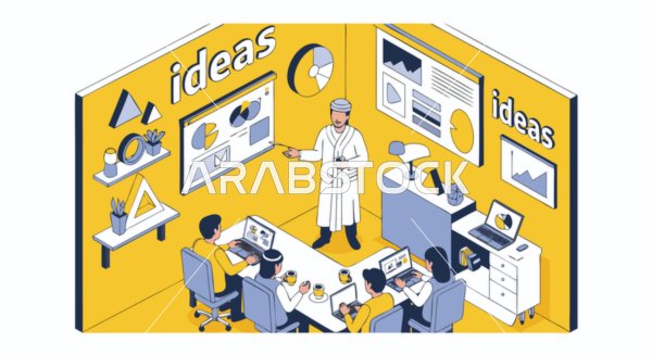 مسارًا للنجاح بروح تعاونية ورؤى مستندة إلى البيانات، رسم كرتوني لاجتماع ديناميكي للعقول العربيين الخليجيين الإماراتيين يناقشون استراتيجيات النمو والحلول المبتكرة في بيئة مكتبية حديثة، العمل بروح الفريق، فيكتور اليستريتور.