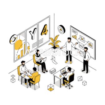 العمل بروح الفريق، رسم كرتوني لاجتماع رجال الأعمال العربيين الخليجيين الإماراتيين يناقشون استراتيجيات النمو والحلول المبتكرة في بيئة مكتبية حديثة، تعزيز التعاون والنجاح، فيكتور اليستريتور.