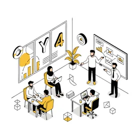 العمل بروح الفريق، رسم كرتوني لاجتماع رجال الأعمال العربيين الخليجيين الإماراتيين يناقشون استراتيجيات النمو والحلول المبتكرة في بيئة مكتبية حديثة، تعزيز التعاون والنجاح، فيكتور اليستريتور.