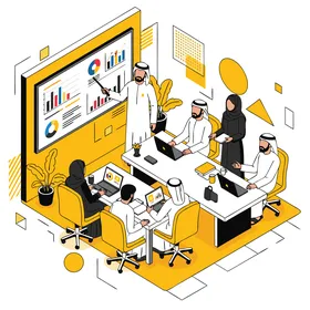 مسارًا للنجاح بروح تعاونية ورؤى مستندة إلى البيانات، رسم كرتوني لاجتماع ديناميكي للعقول العربيين الخليجيين الإماراتيين يناقشون استراتيجيات النمو والحلول المبتكرة في بيئة مكتبية حديثة، العمل بروح الفريق، فيكتور اليستريتور.