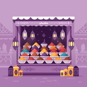 ثراء ثقافة الشرق الأوسط وتقاليد الطهي، فيكتور لكشك توابل نابض بالحياة تحت الضوء  للفوانيس يقدم العديد من الألوان والروائح في بيئة تقليدية، زينة ومناسبات دينية، أنماط هندسية معقدة، فيكتور اليستريتور