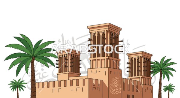 التراث والثراء الثقافي لدولة الإمارات العربية المتحدة، رسم توضيحي ساحر للهندسة المعمارية الإماراتية التقليدية يضم أبراج الرياح وأشجار النخيل، برج الرياح الكلاسيكي للتبريد، فيكتور اليستريتور.