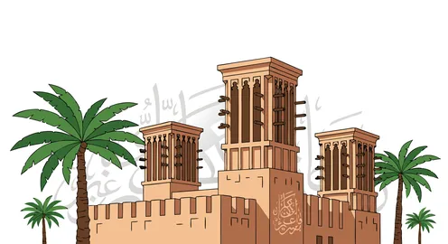 The heritage and cultural wealth of the United Arab Emirates, a charming illustration of traditional Emirati architecture featuring wind towers and palm trees, the classic wind tower for cooling, vector illustration.