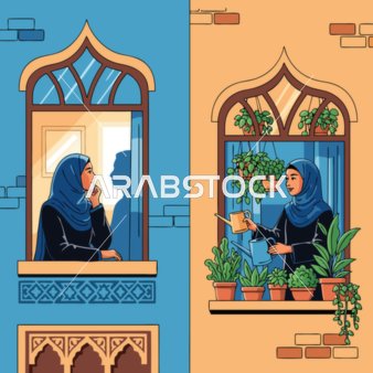 تبادل الأسرار في بيئة تقليدية، فيكتور لامرأتان عربيتان خليجيتان اماراتيتان يرتدون الحجاب والعباءة إحداهما شاردة الذهن والأخرى تعتني بنباتاتها، خلفية منزل بتصميم تراثي، فيكتور اليستريتور