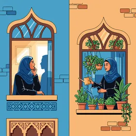 تبادل الأسرار في بيئة تقليدية، فيكتور لامرأتان عربيتان خليجيتان اماراتيتان يرتدون الحجاب والعباءة إحداهما شاردة الذهن والأخرى تعتني بنباتاتها، خلفية منزل بتصميم تراثي، فيكتور اليستريتور