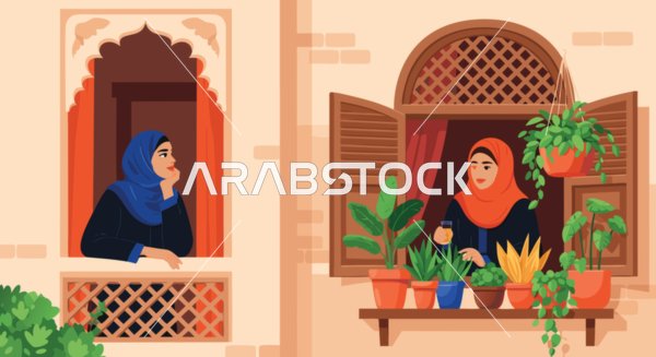 Exchanging secrets in a traditional environment, a vector of two Arab Gulf Emirati women wearing hijabs and abayas, one lost in thought and the other tending to her plants, with a background of a house designed in a heritage style, vector illustration.