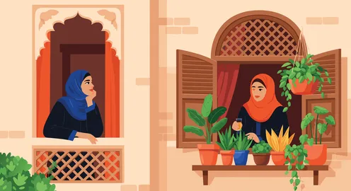 تبادل الأسرار في بيئة تقليدية، فيكتور لامرأتان عربيتان خليجيتان اماراتيتان يرتدون الحجاب والعباءة إحداهما شاردة الذهن والأخرى تعتني بنباتاتها، خلفية منزل بتصميم تراثي، فيكتور اليستريتور