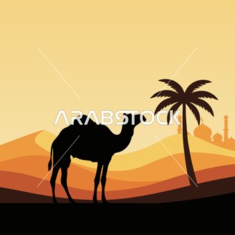 مفهوم الاهتمام والعناية بالثدييات وحيوان الجمل، وسائل النقل القديمة في بادية المملكة العربية السعودية, رسم توضيحي لناقة بنية اللون تمشي وسط الصحراء بجانبه أشجار النخيل، خلفية صحراء, فيكتور اليستريتور