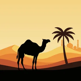 مفهوم الاهتمام والعناية بالثدييات وحيوان الجمل، وسائل النقل القديمة في بادية المملكة العربية السعودية, رسم توضيحي لناقة بنية اللون تمشي وسط الصحراء بجانبه أشجار النخيل، خلفية صحراء, فيكتور اليستريتور