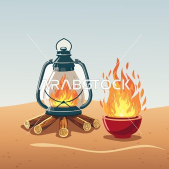 The soft sand dunes in the calm atmosphere, a cartoon drawing of a flame with a lit metal lantern beside it, a wild camping trip in the desert, a flame for warmth, vector illustration.